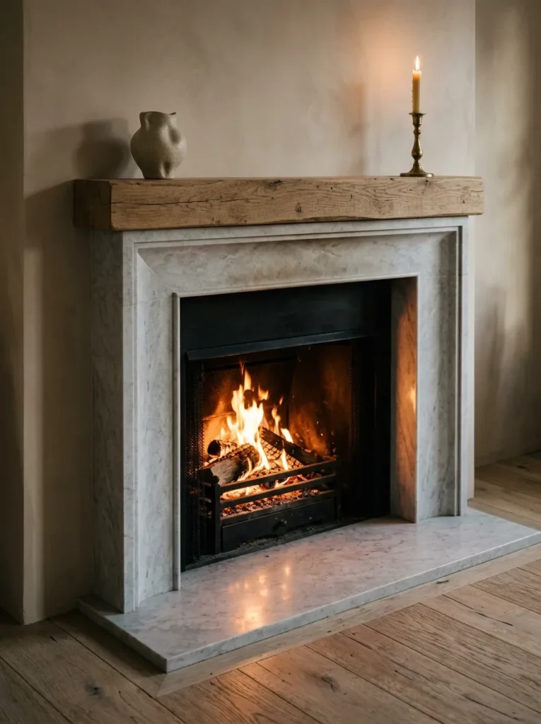 Honed pale marble fireplace surround with an oak mantel shelf and minimal ceramic and brass styling