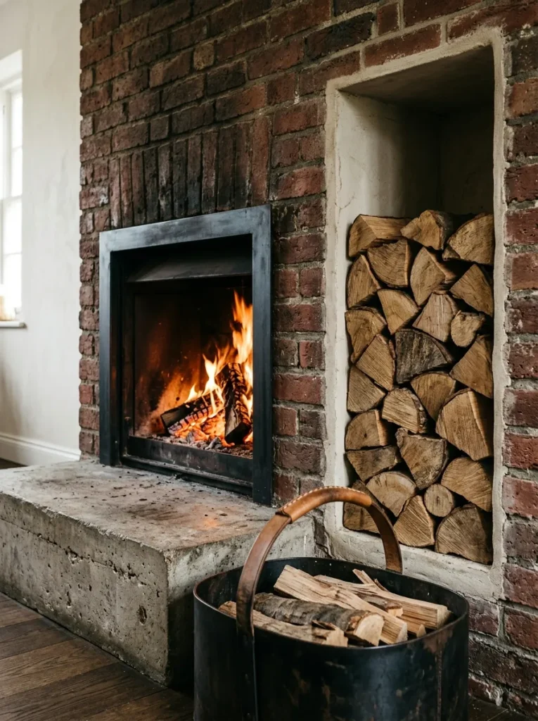 Recessed log alcove built into a brick chimney breast beside a burning fireplace with stacked oak firewood
