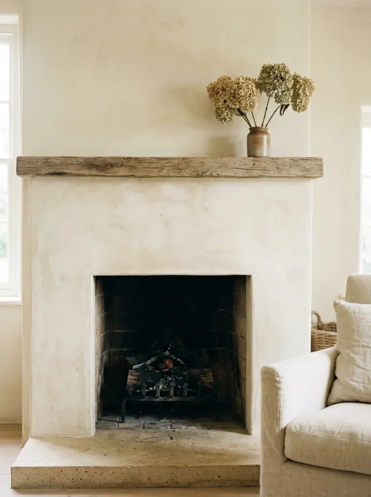 Ivory limewash plaster fireplace surround with natural tonal variation and a raw wood mantel with dried flowers
