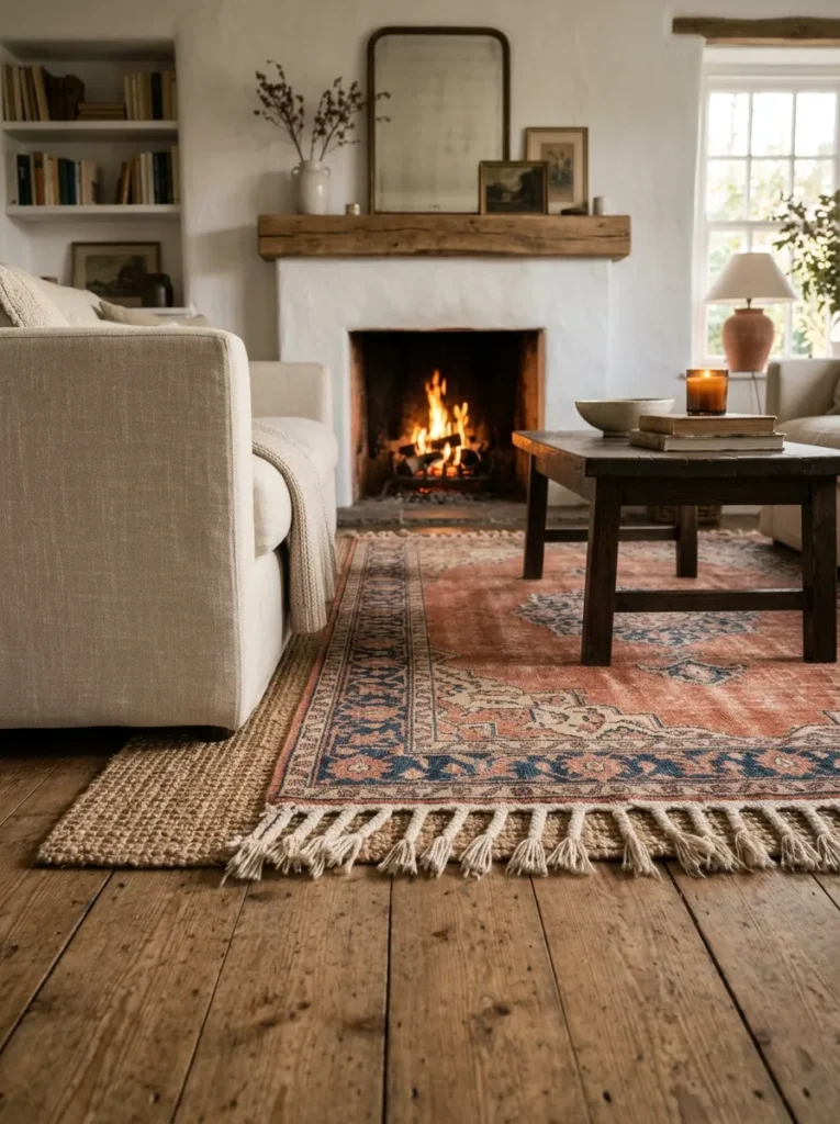 Layered rugs in front of a plaster fireplace — natural jute base with a vintage terracotta Persian rug floated on top
