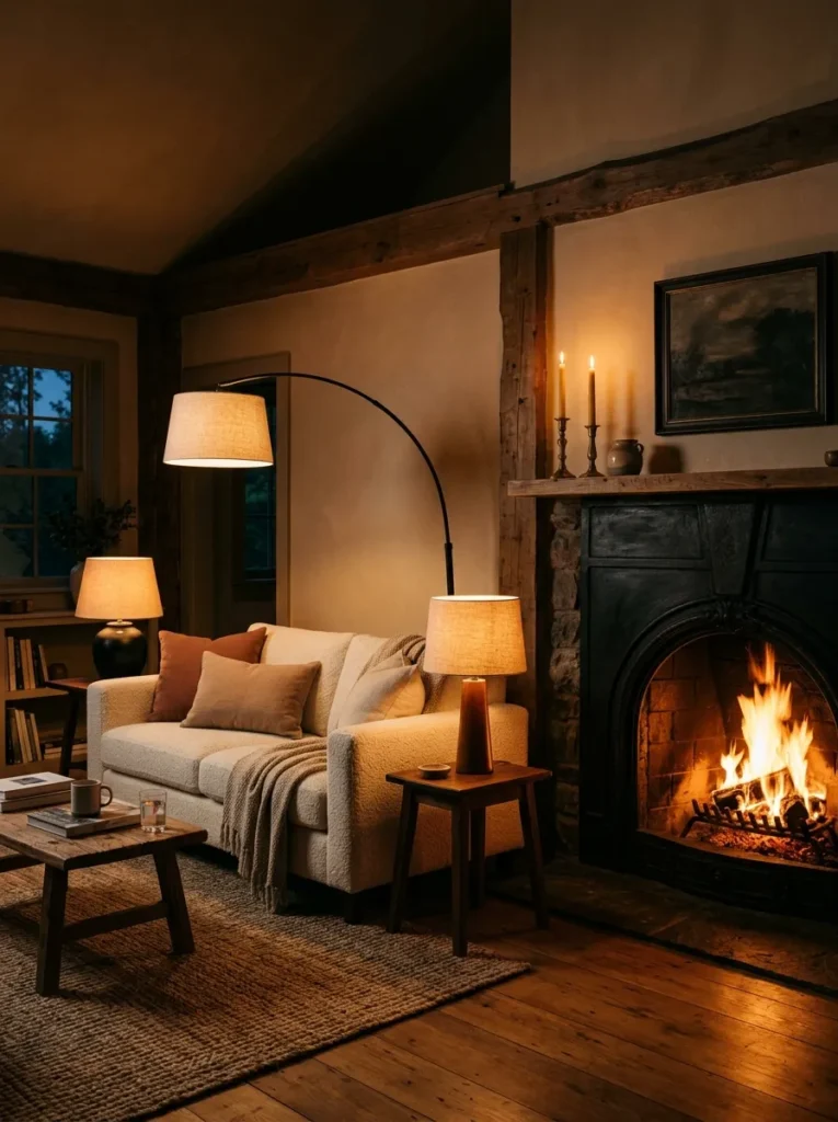 Evening fireplace living room lit by table lamps and floor lamp with no overhead lighting, warm amber atmosphere

