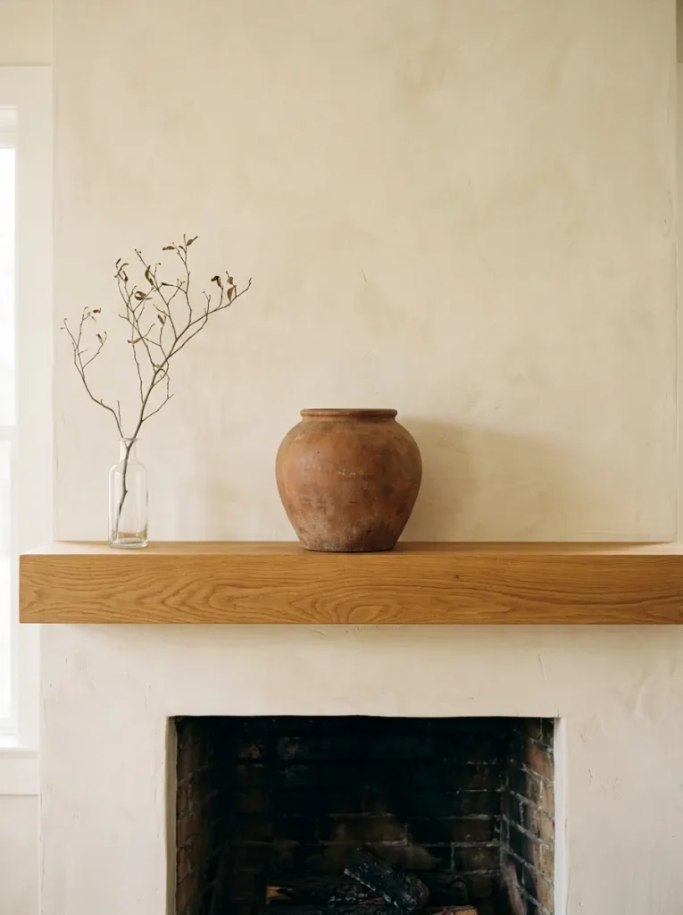 Fireplace mantel styled minimally with a single large terracotta vessel and a narrow dried branch vase
