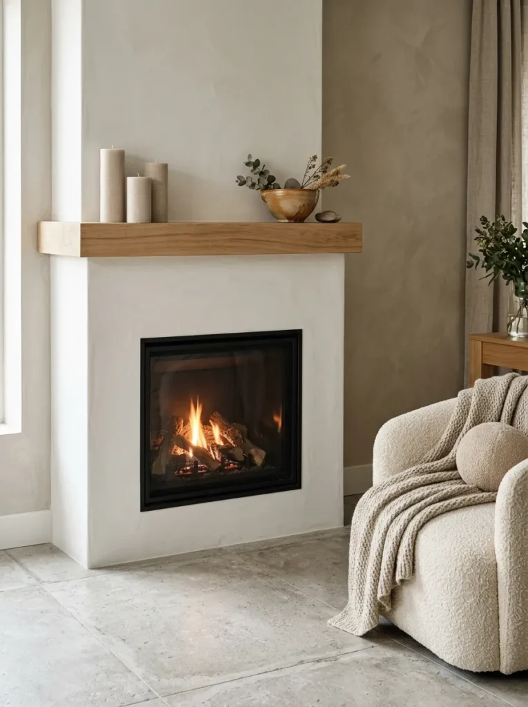 Oiled white oak fireplace mantel on a plaster surround styled with linen candles and a ceramic bowl

