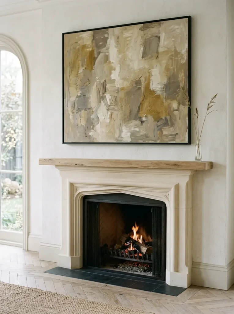 Large abstract oil painting in ochre and grey tones hung above a carved plaster fireplace mantel

