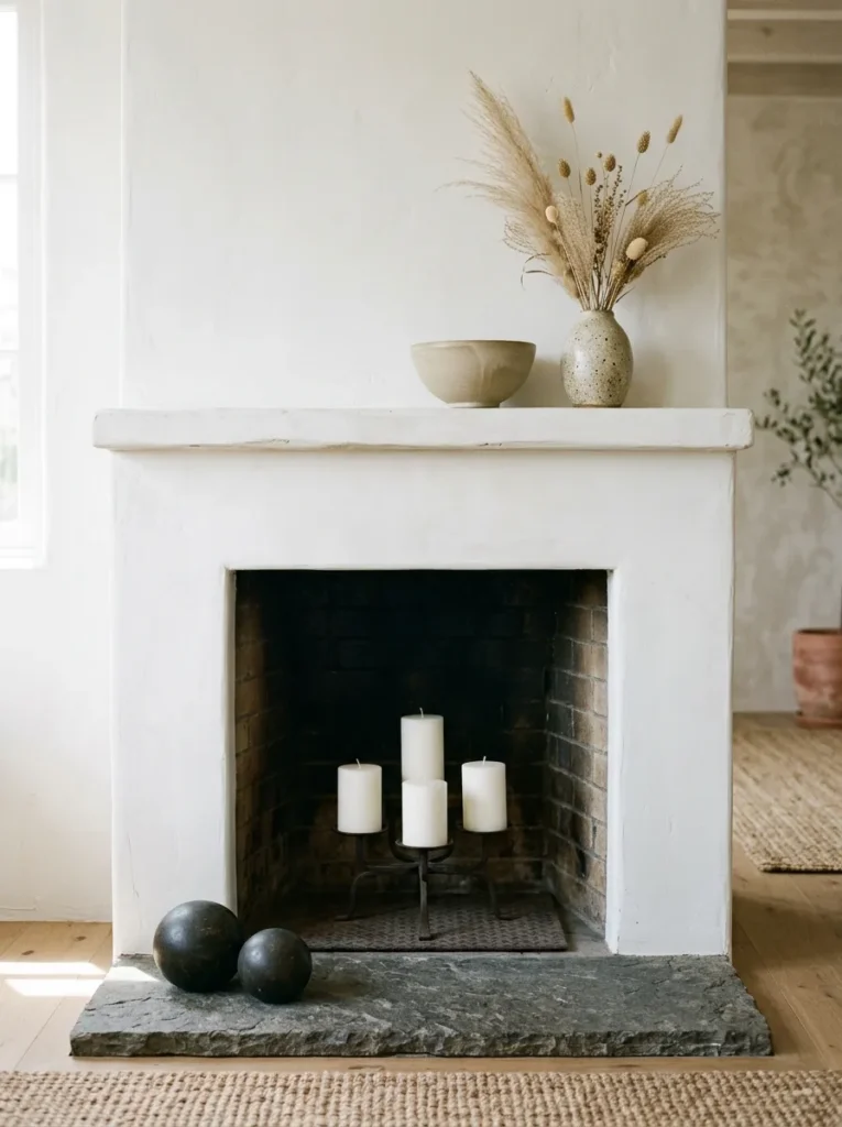 Unlit fireplace with pillar candles arranged inside the firebox, stone spheres on the hearth, and minimal mantel styling
