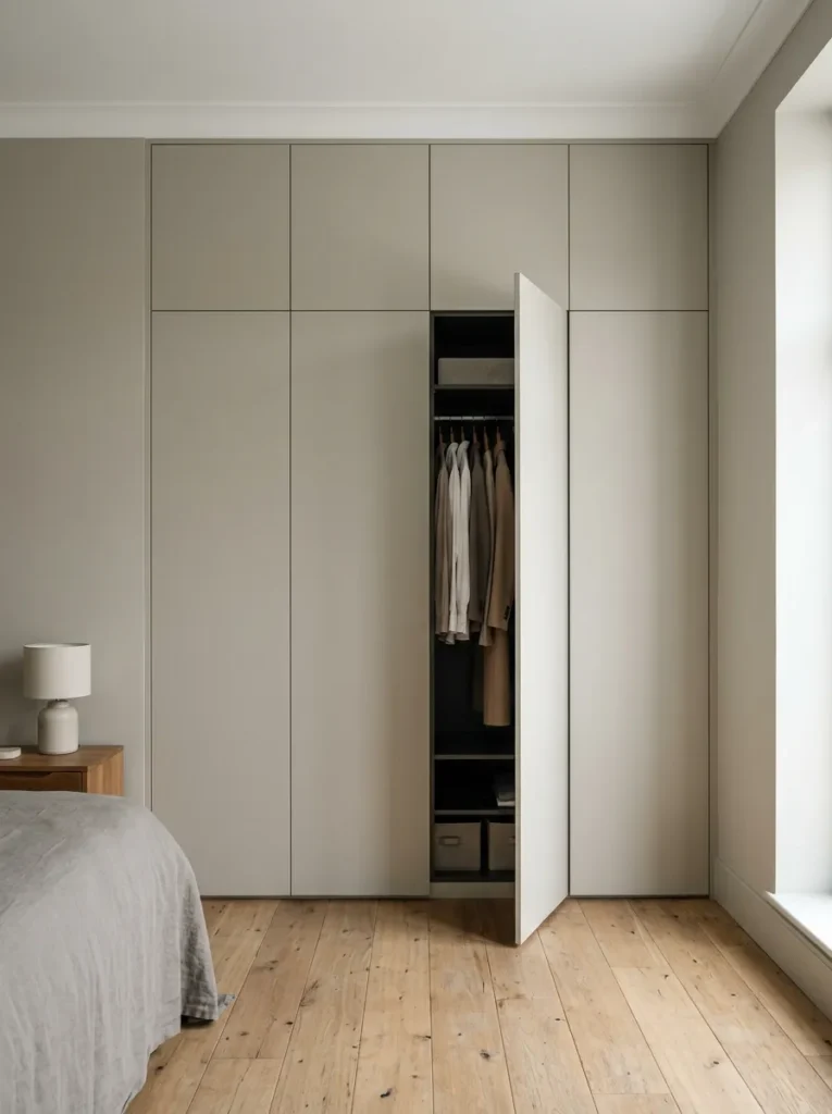 Floor-to-ceiling fitted wardrobes with flat-front push-to-open doors painted the same greige as the bedroom walls, one door slightly open
