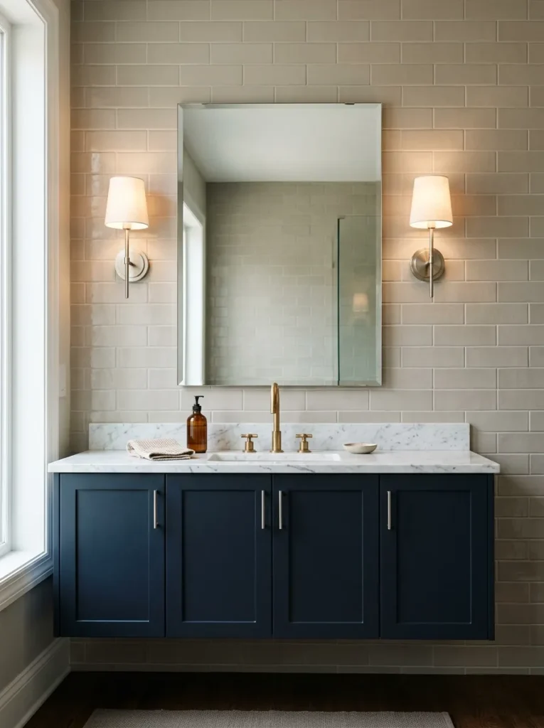 Frameless bathroom mirror flanked by brushed nickel sconces mounted at eye level above a dark navy vanity with white marble counter
