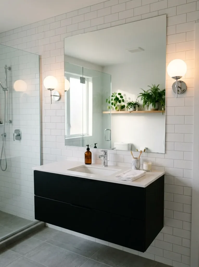 Frameless rectangular mirror with two white globe sconces mounted on either side above a matte black vanity
