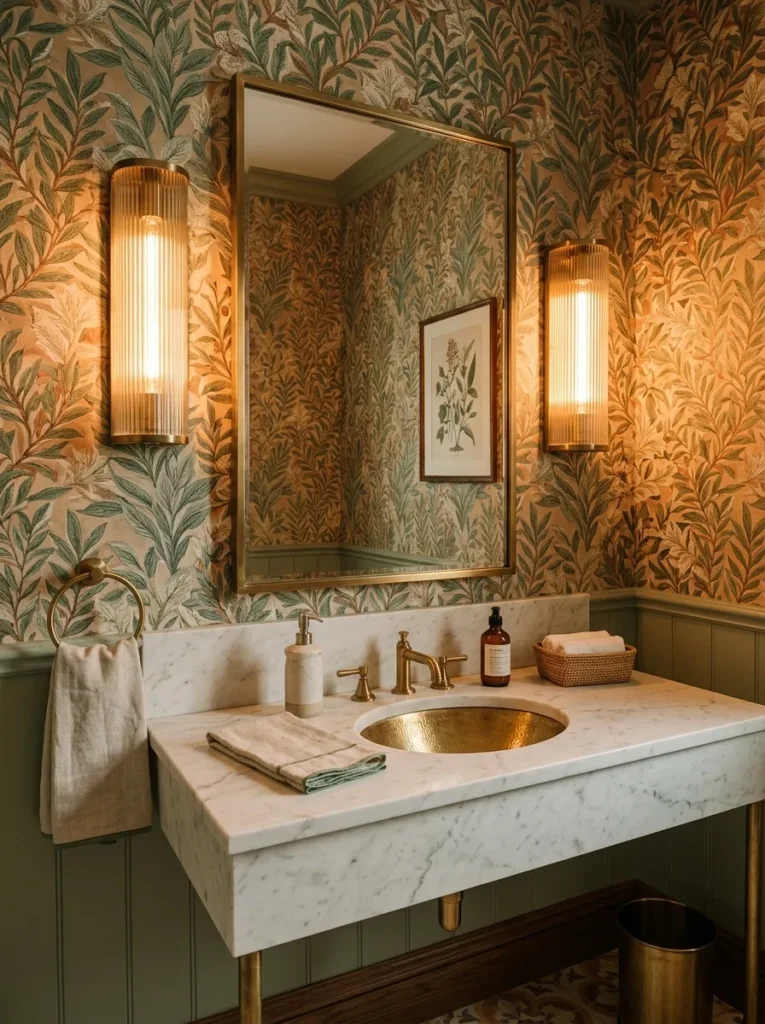 Two fluted glass wall sconces with warm filament bulbs flanking a rectangular powder room mirror at eye height
