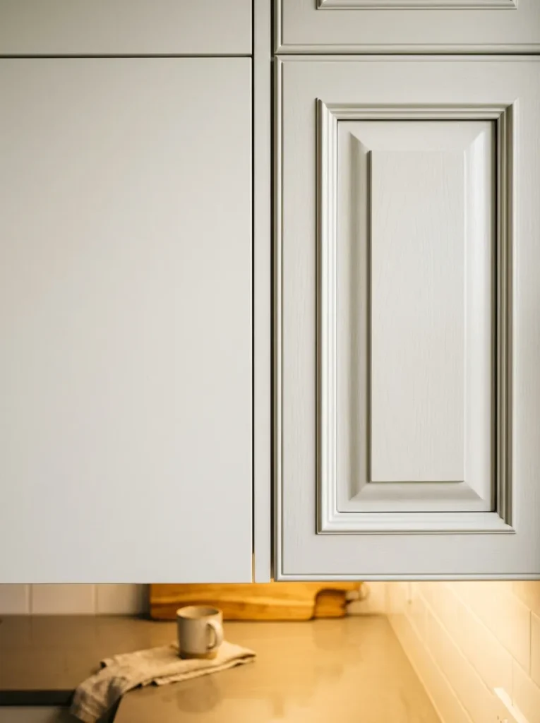 Side-by-side comparison of flat-front and raised-panel cabinet doors in the same white finish showing their different visual weight
