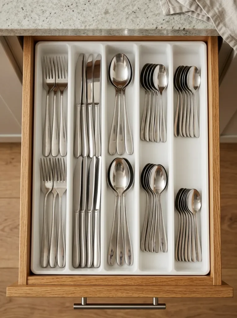 Narrow kitchen drawer with a fitted flatware tray holding forks, knives, and spoons in separate columns, all handles facing forward