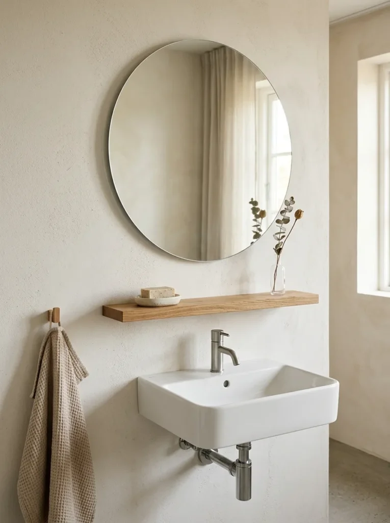 Slim floating oak shelf between a vanity basin and round mirror, holding a matte ceramic soap dish and a bud vase with dried stem