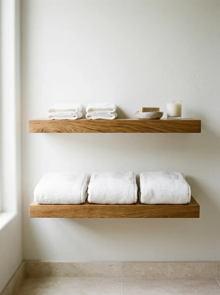 Two floating oak shelves on a white bathroom wall, lower shelf holding tri-folded white bath towels and upper shelf with hand towels and a small ceramic dish
