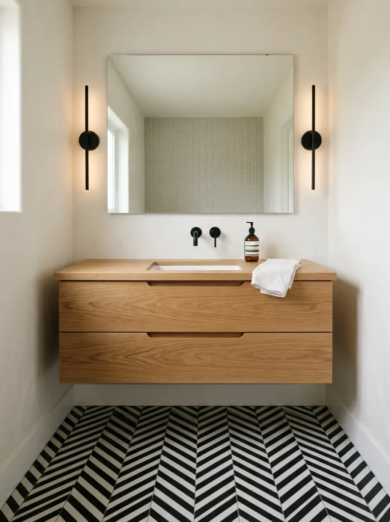 Floating oak vanity in a powder room with no legs, the herringbone tile floor visible continuously beneath it and a frameless mirror above
