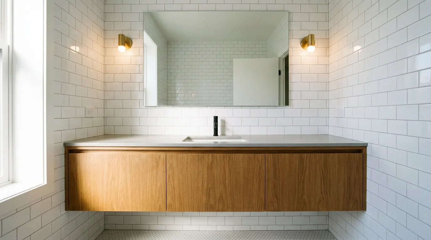 Floating warm oak vanity with undermount sink, quartz counter, and brass wall sconces flanking a frameless mirror in a small white bathroom