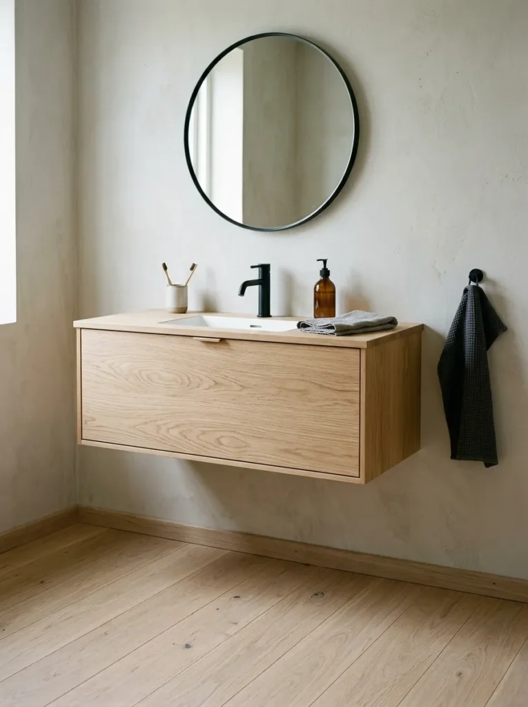 Wall-mounted floating pale oak vanity with undermount basin and matte black tap, floor visibly extending beneath on wide plank pine