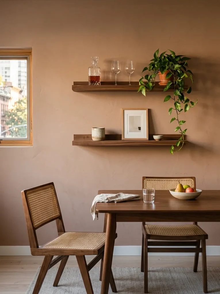 Two floating bar shelves styled with decanters and glasses anchoring the wall behind an apartment dining table