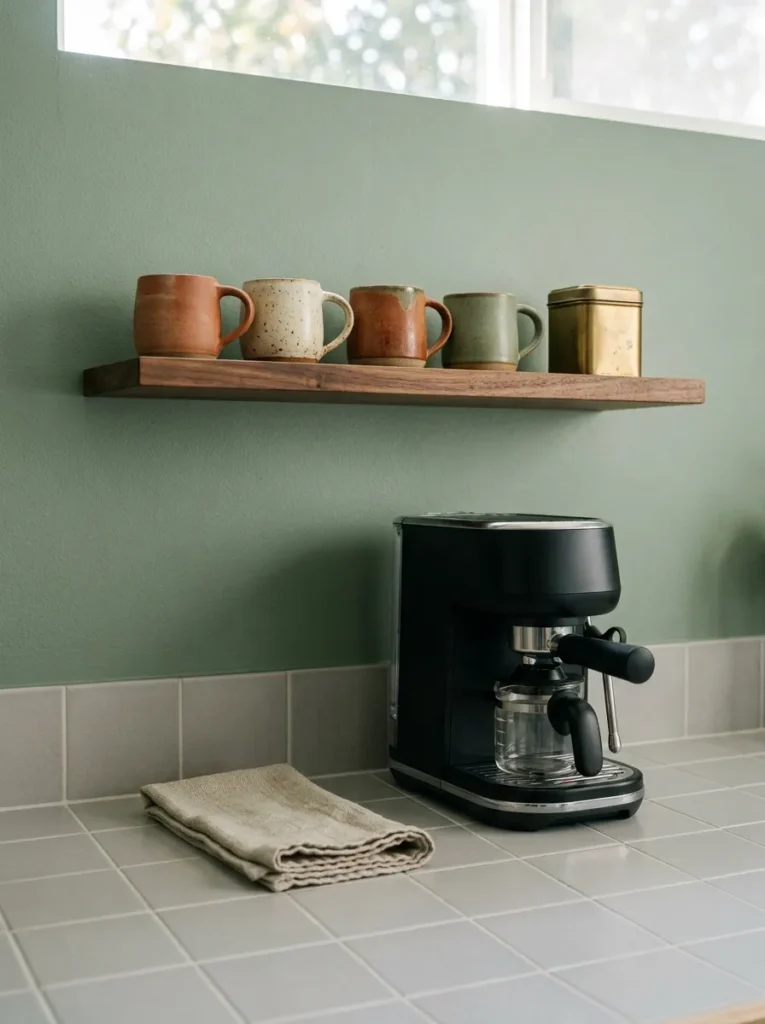 Single floating wood shelf above a coffee machine holding mugs and a canister on a kitchen wall 