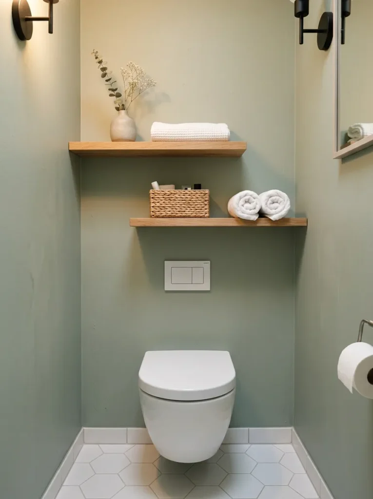 Two narrow floating oak shelves above the toilet storing towels and a wicker basket
