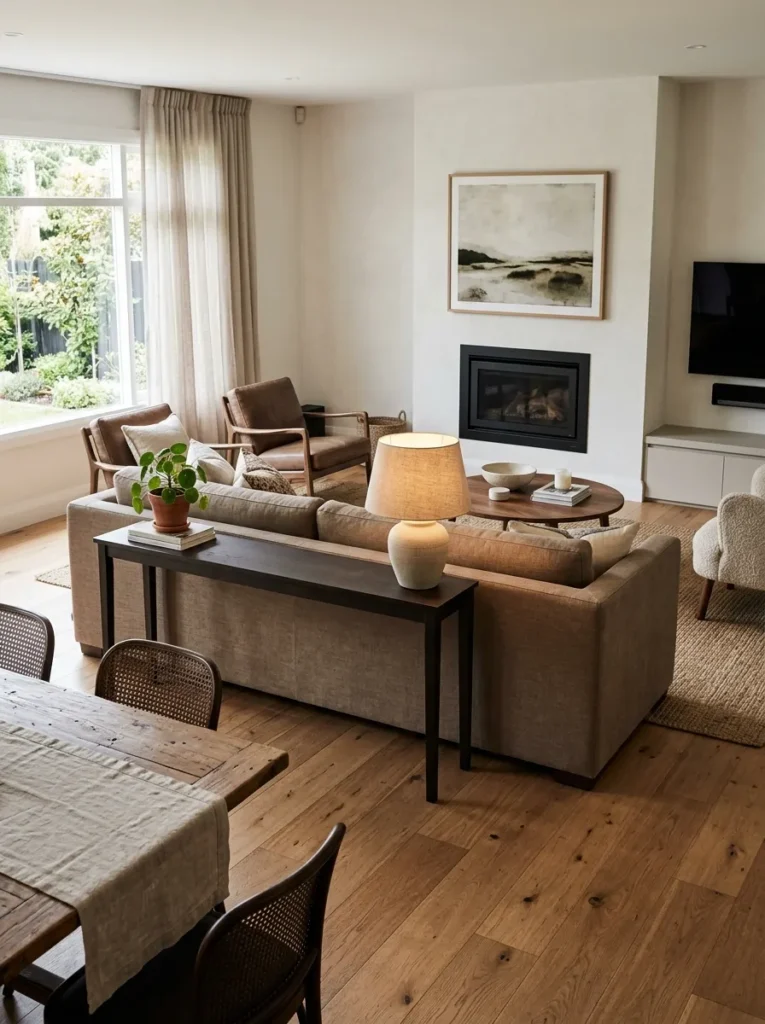 Taupe sofa floating in an open-plan living room with its back to the dining area and a slim console table positioned behind it
