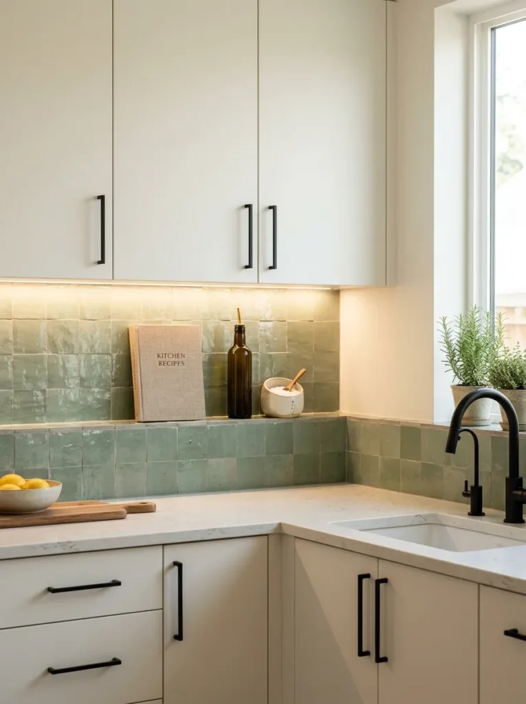 L-shaped kitchen with upper cabinets floating above the counter with a display gap showing sage green zellige tile
