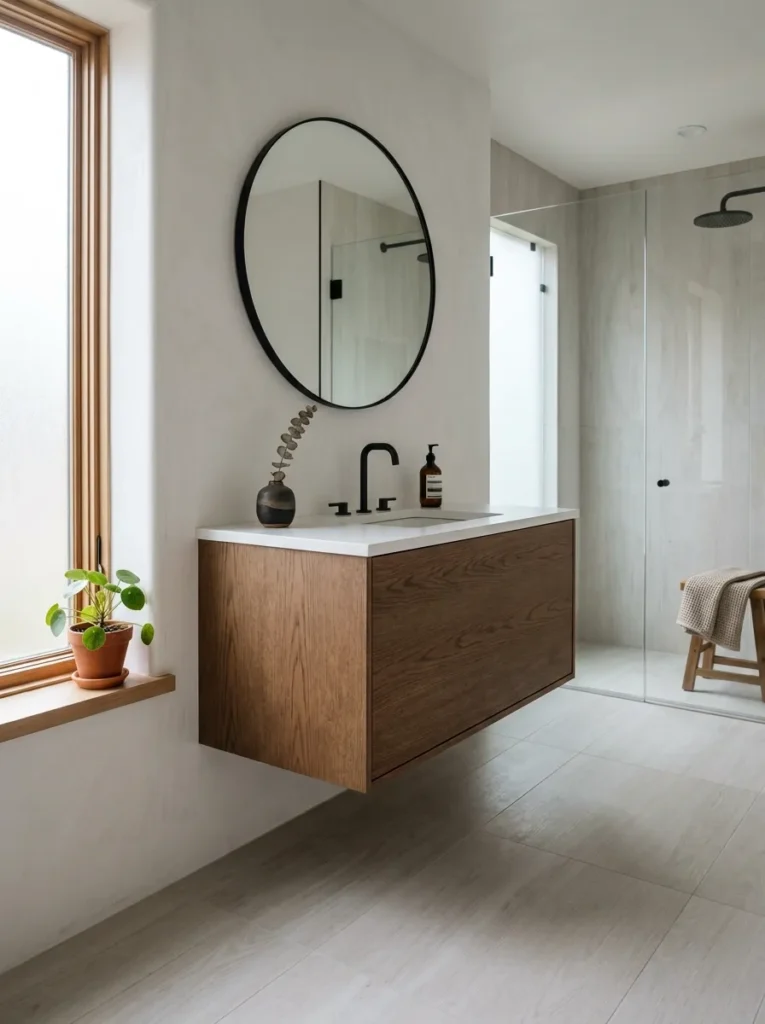 Wall-mounted floating vanity at 35 inches with continuous tile floor below and a backlit mirror
