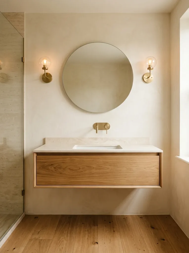 Floating white oak bathroom vanity with cream stone countertop, undermount basin, brass wall sconces, and round mirror above