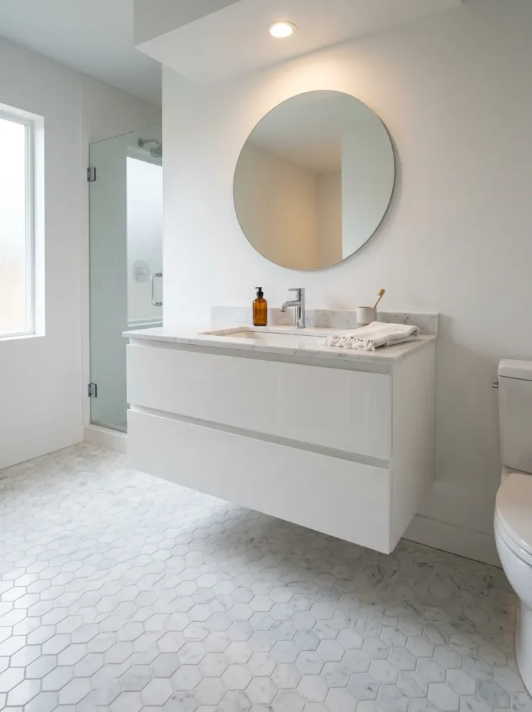 White wall-mounted floating vanity with visible tile floor beneath in a compact bathroom

