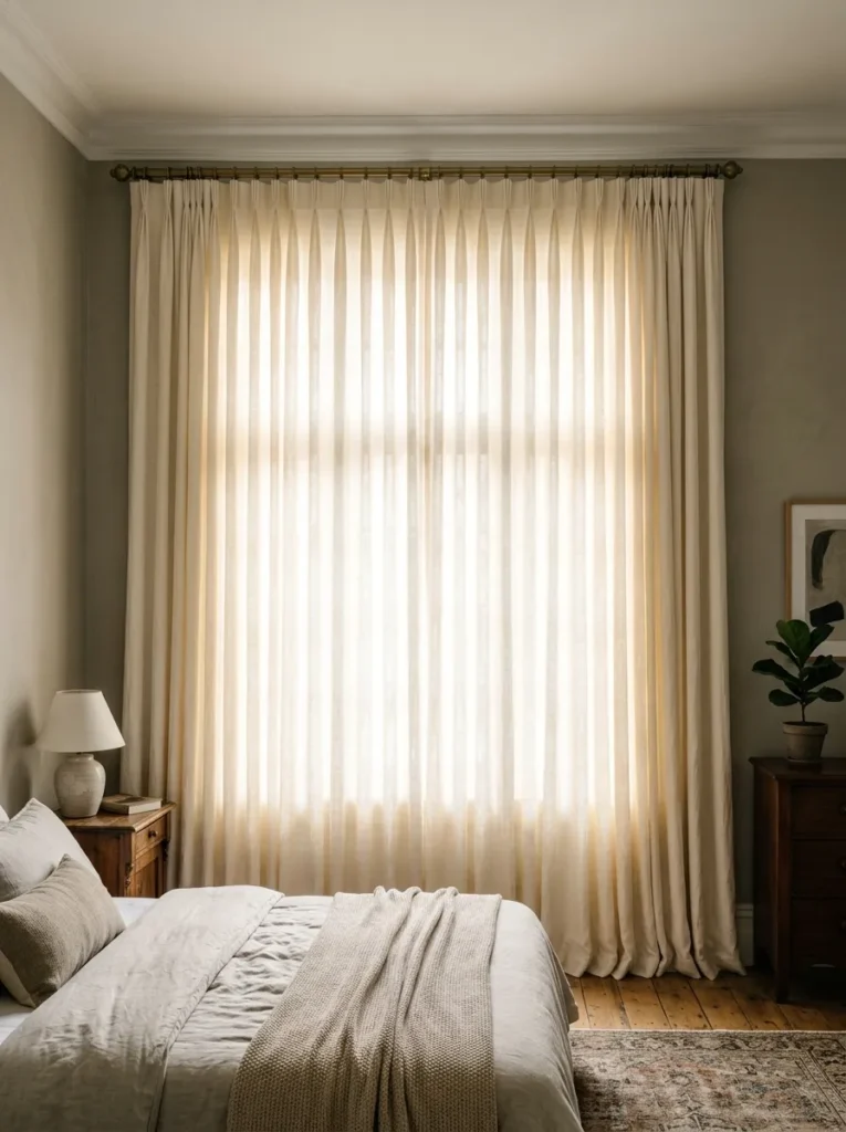 Heavy ivory pinch-pleat curtains spanning the full bedroom window wall from ceiling to floor, mounted on a brass rod beyond the window frame on each side