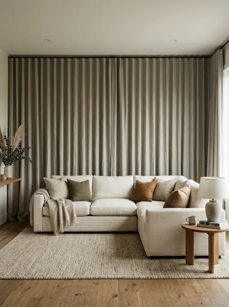 Cream linen sectional with floor-to-ceiling warm greige linen curtains as a full backdrop directly behind the floating sofa
