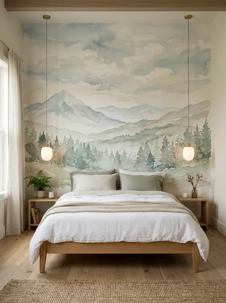 Floor-to-ceiling watercolour landscape mural wallpaper in pale blue and sage behind a low oak platform bed
