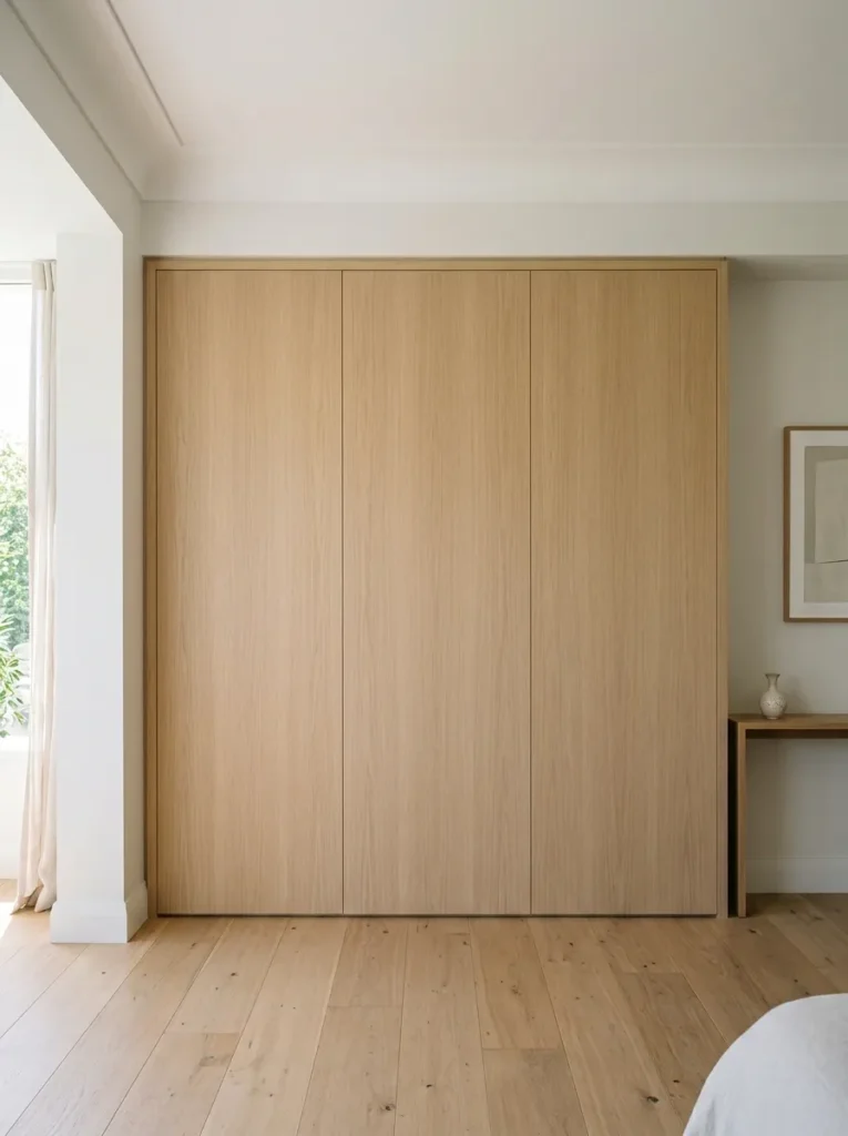 Floor-to-ceiling sliding wardrobe in pale oak veneer with push-to-open, no visible handles, reading as a continuous wall surface in a pale bedroom