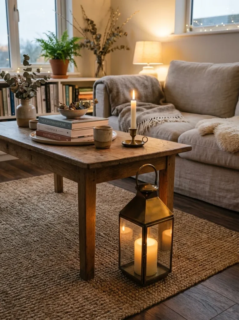 Lit brass floor lantern positioned beside a coffee table leg extending the table's arrangement into the floor space
