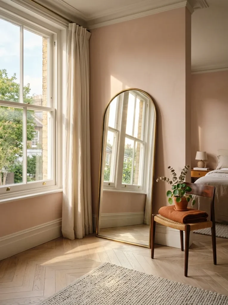 Full-length arched brass floor mirror leaning against a blush wall opposite a sash window, reflecting afternoon sunlight across a chevron parquet floor
