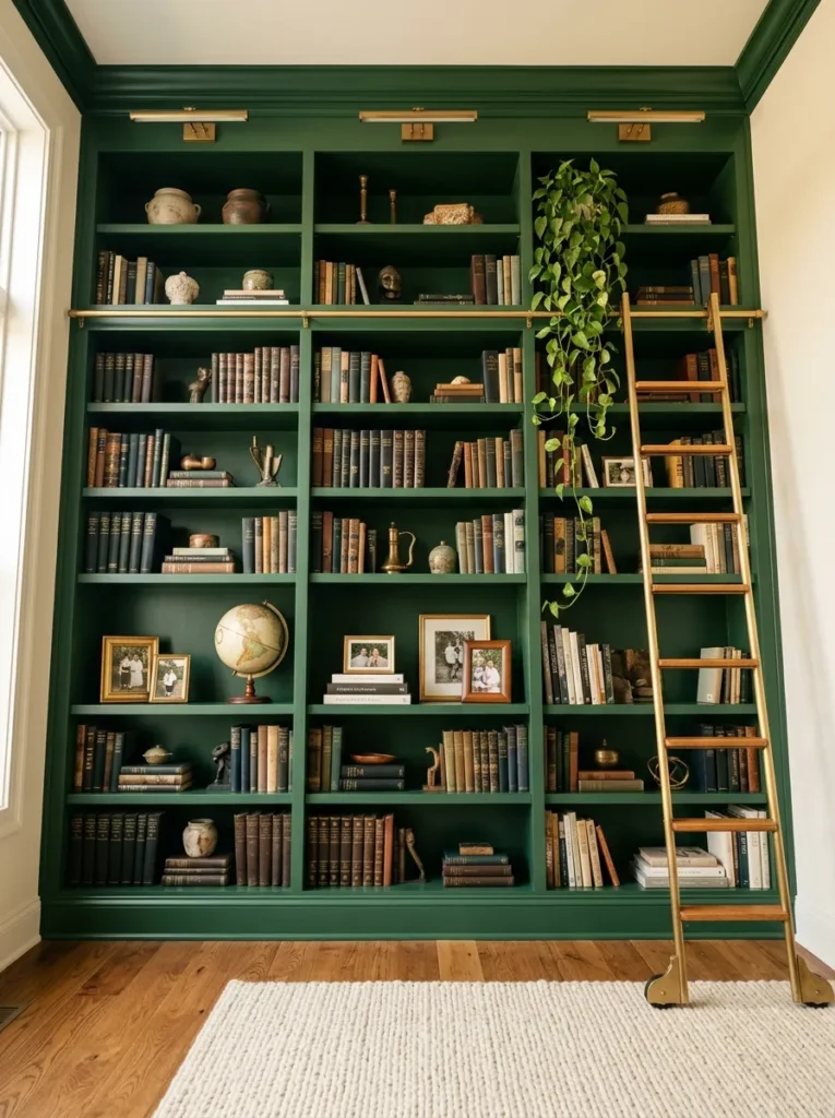 Floor-to-ceiling deep green built-in bookshelves with a brass rolling library ladder, styled with books, ceramics, and a trailing plant on the upper shelf
