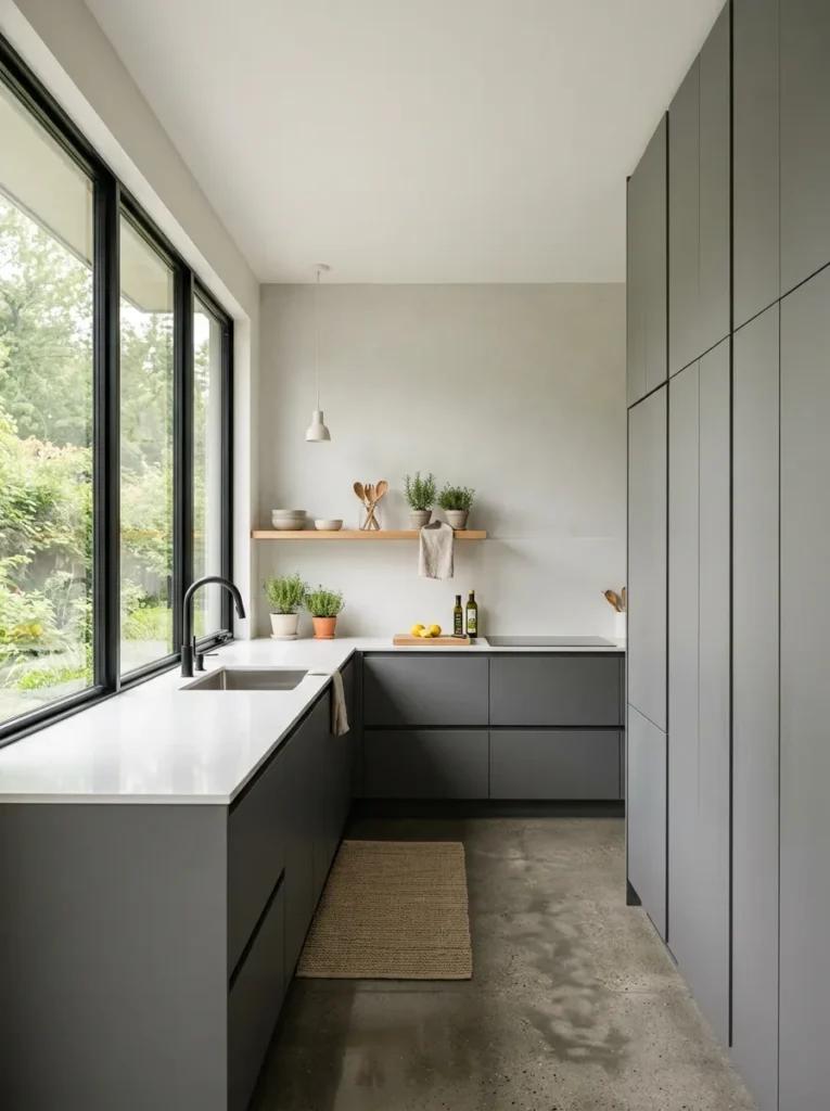 L-shaped kitchen with floor-to-ceiling matte grey handleless cabinets on one wall and open window views on the other