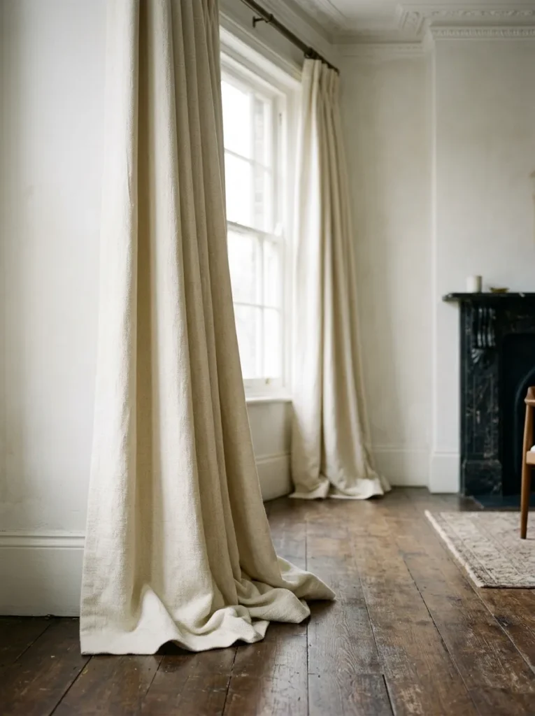  Floor-to-ceiling heavyweight linen curtains puddling on the floor in a formal living room