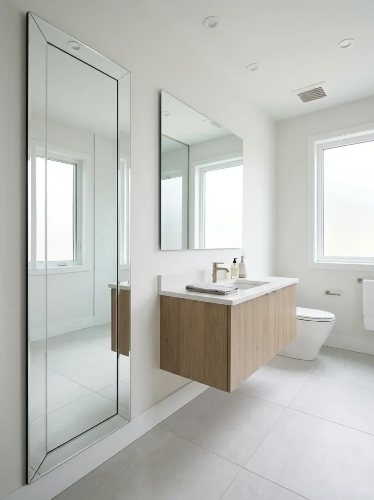 Narrow frameless floor-to-ceiling mirror panel with beveled edge mounted beside a white floating vanity in a high-ceilinged bathroom
