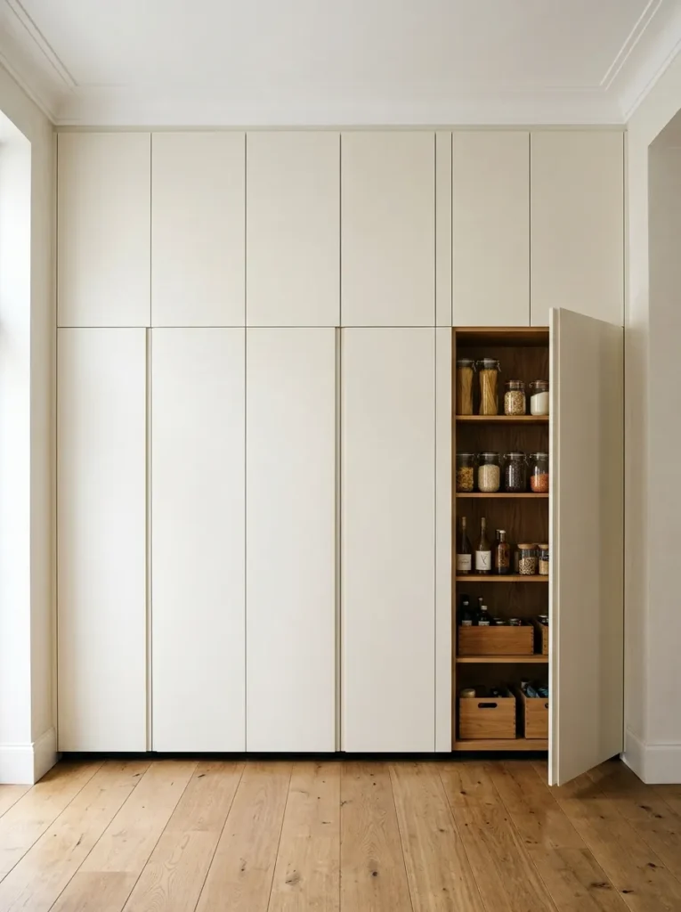 Full-height handleless kitchen cabinetry in chalky off-white lacquer running from floor to ceiling cornice, one pantry door open revealing timber shelving