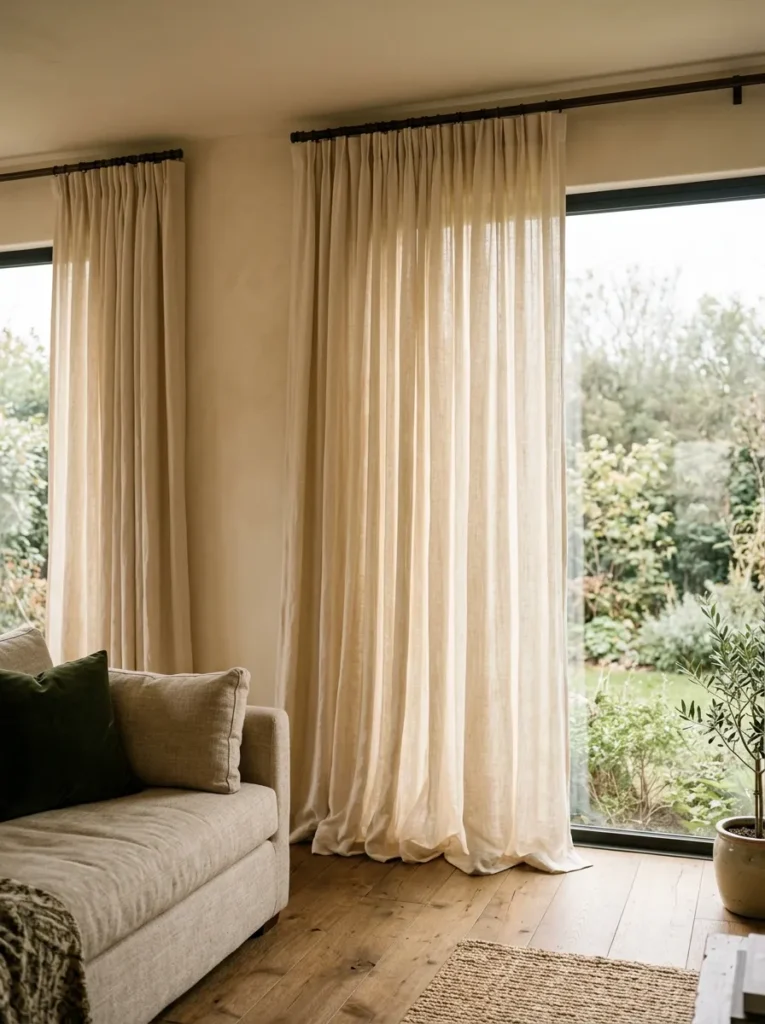 Cream linen curtains mounted near ceiling and pooling on floor beside a living room window with filtered natural light