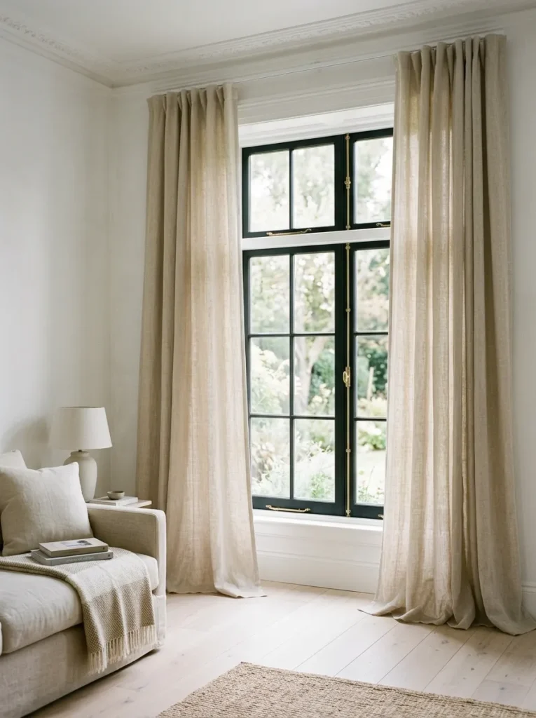 Floor-to-ceiling natural linen curtains hung from ceiling height beside a tall casement window in a white living room, filtering soft afternoon light
