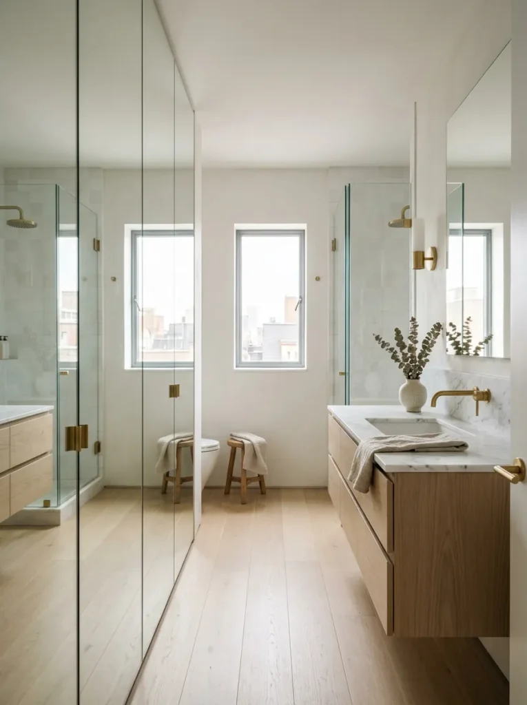 Full wall of frameless floor-to-ceiling mirror panels doubling the depth of a small bathroom
