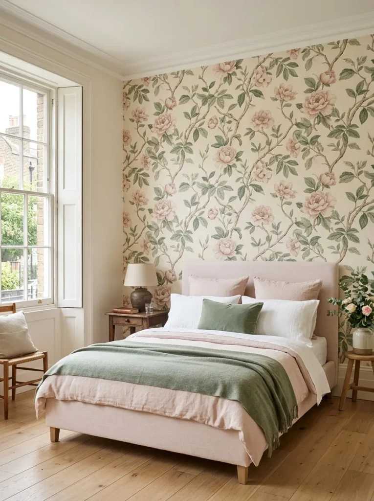 headboard wall withLarge-scale botanical wallpaper on the bedroom blush and green tones