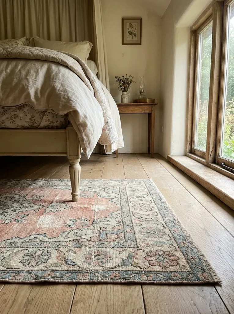 Antique faded floral accent rug at the bedside in a soft feminine bedroom