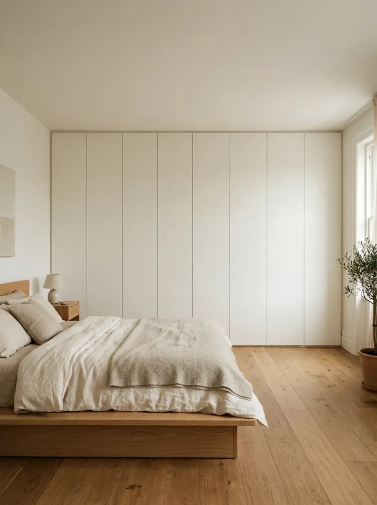 Full wall of flush-built-in wardrobes painted to match the wall, no visible handles, in a minimal white bedroom with oak flooring