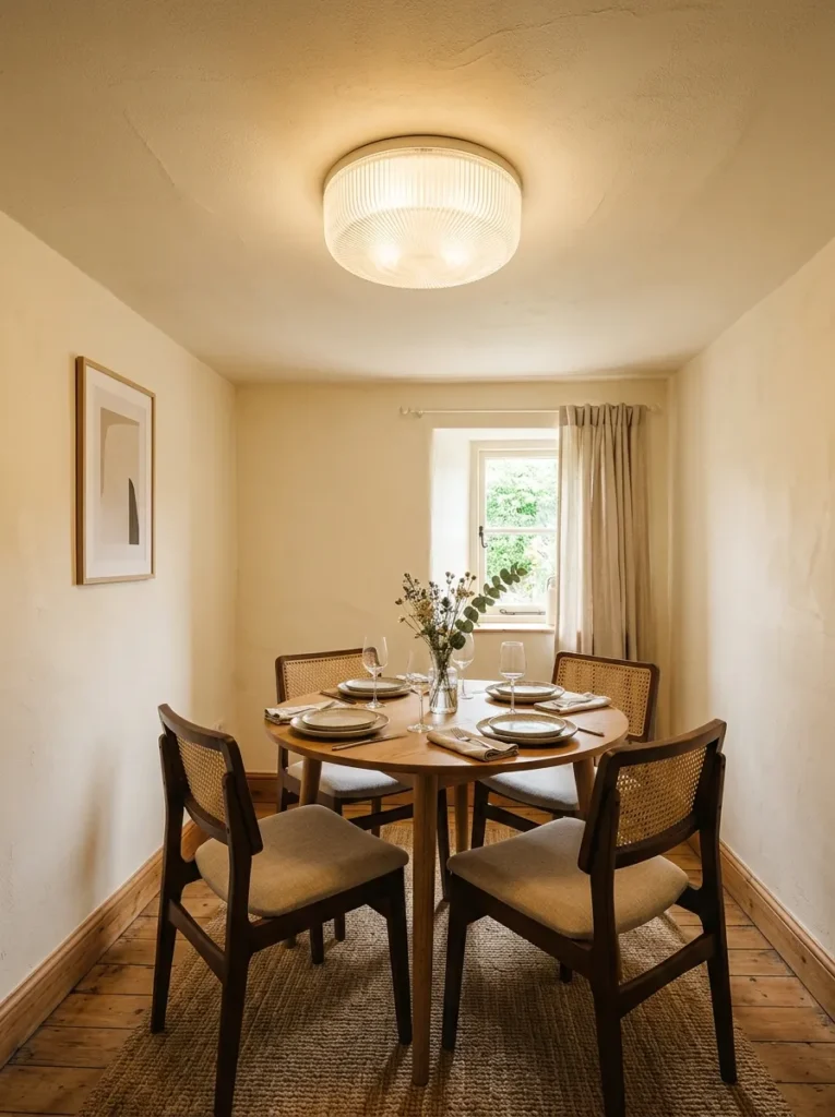 Compact dining room with a low ceiling and a ribbed glass flush-mount ceiling fixture, small round table, and four chairs below