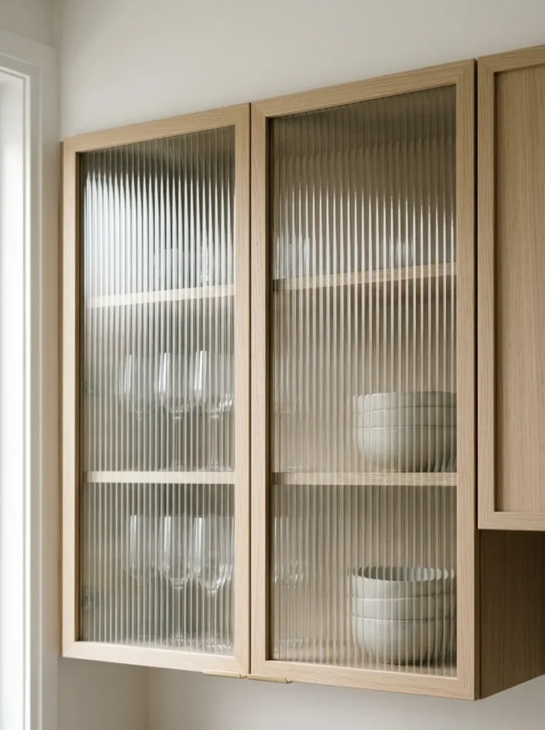 Upper kitchen cabinet doors with fluted ribbed glass panels in pale oak frames, silhouettes of glassware visible through the textured surface