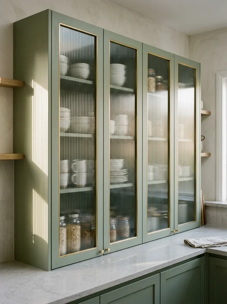 Upper kitchen cabinet doors with clear vertically fluted glass panels in pale sage green frames, softening the view of ceramics and jars stored inside
