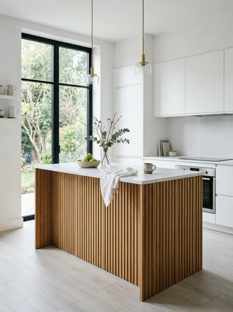 Kitchen island clad in fluted natural oak panels contrasting with white painted perimeter cabinetry
