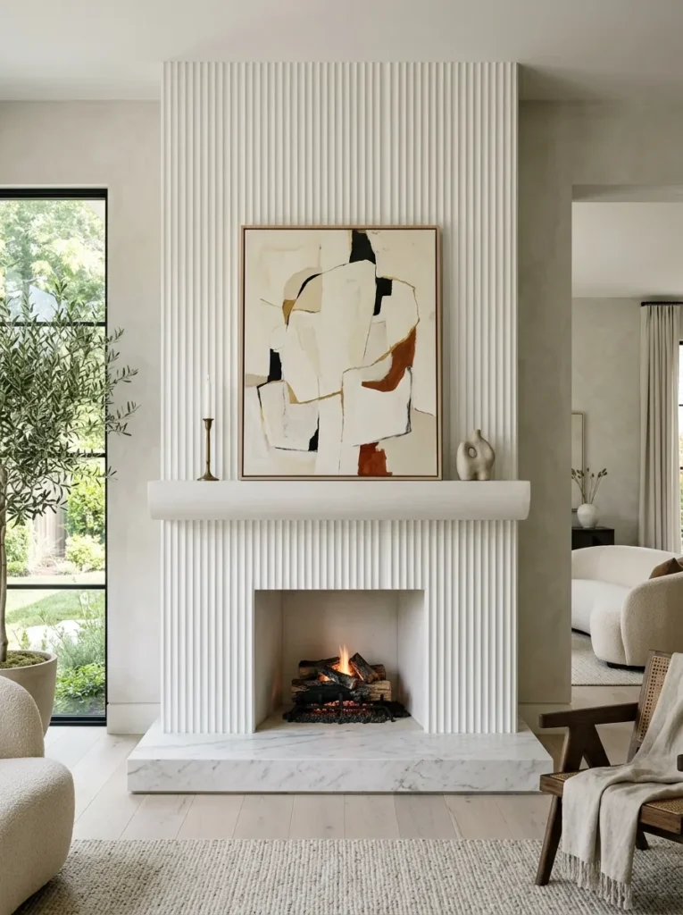  Fluted white plaster fireplace surround as the focal point of a contemporary luxury living room 